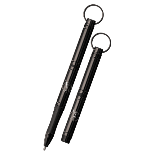 Two Fisher Backpacker Pen w Key Chain - black with NASA logo - one with cap on and other with cap off