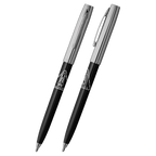 Two Fisher Apollo Space Pen - chrome & black with Apollo logo - one on its side to show profile of clip