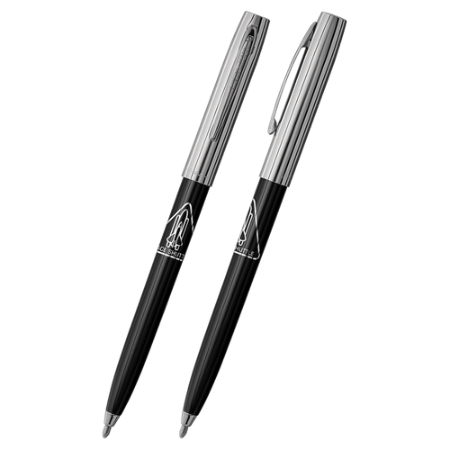 Two Fisher Apollo Space Pen - chrome & black with Apollo logo - one on its side to show profile of clip